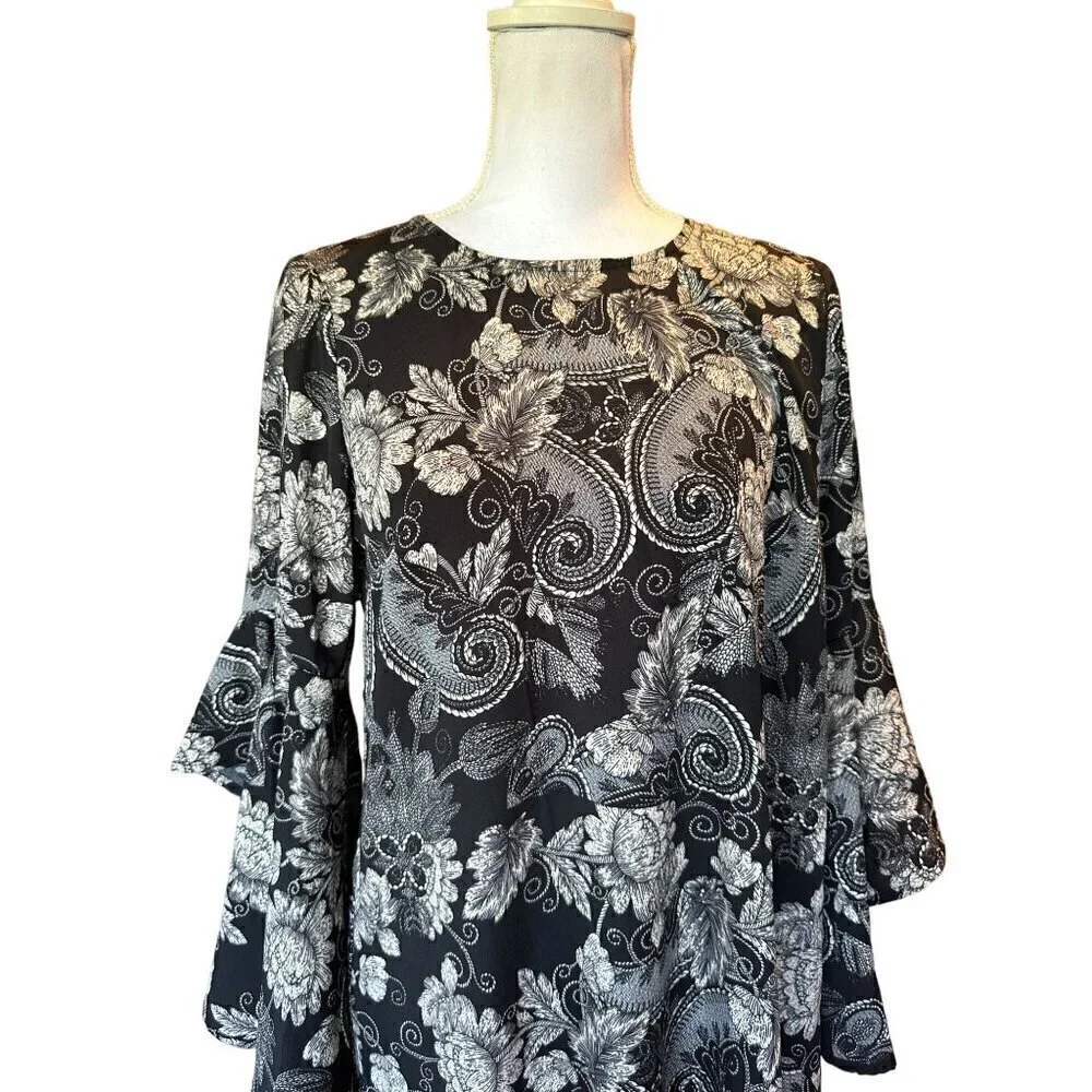 Uncle Frank Women's Dress Sz S Floral Bell Ruffle Sleeve Black Tan Keyhole Back